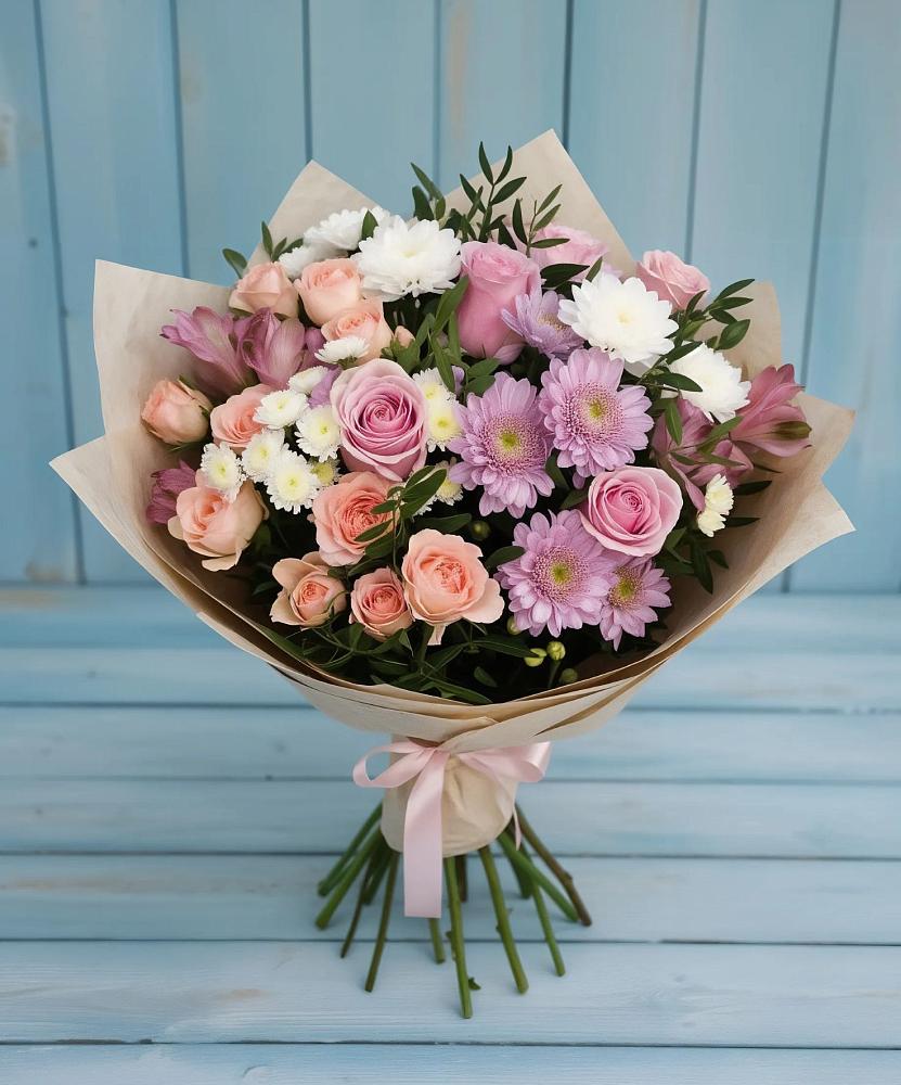 Букет цветов из: Хризантемы, Розы и Альстромерии в Заклинье