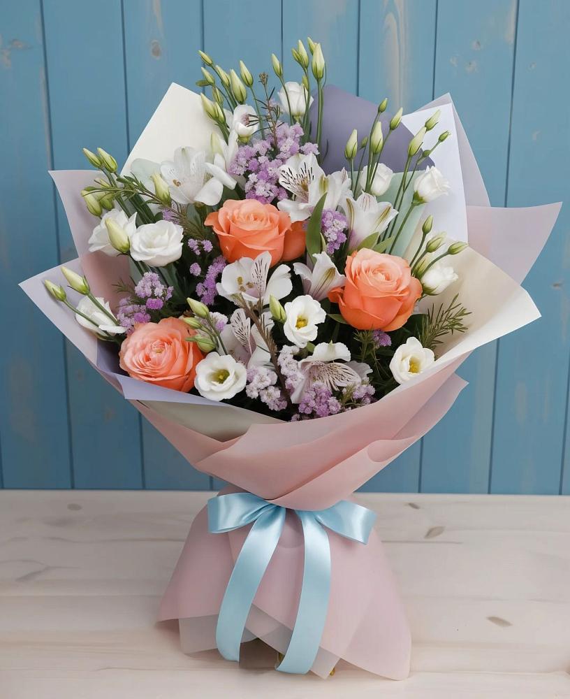 Букет цветов из: Лизиантусы, Розы, Альстромерии и Гипсофила в Заклинье