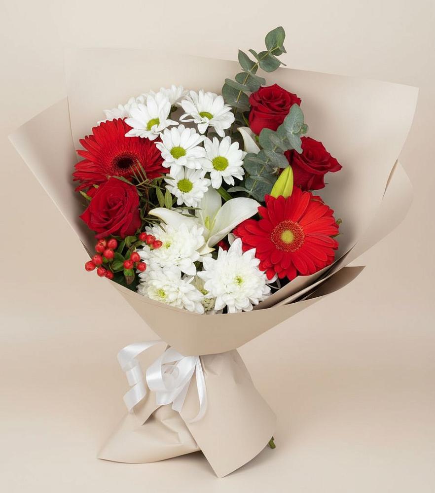 Букет цветов из: Розы, Хризантемы, Герберы и Лилии в Заклинье