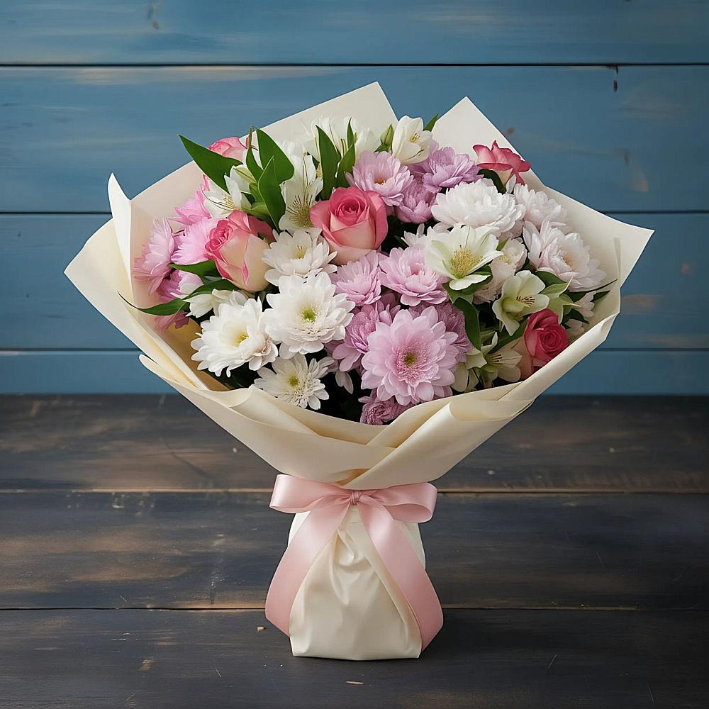 Букет цветов из: Хризантемы, Альстромерии и Розы в Заклинье